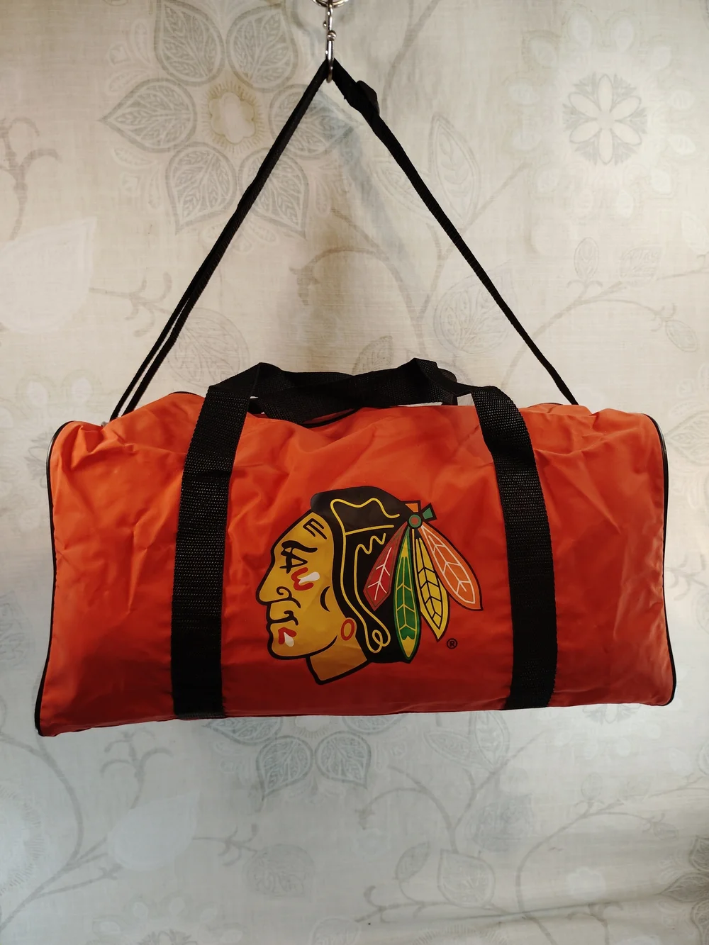 NHL Blackhawks Orange Duffel Bag with Team Logo and Black Straps